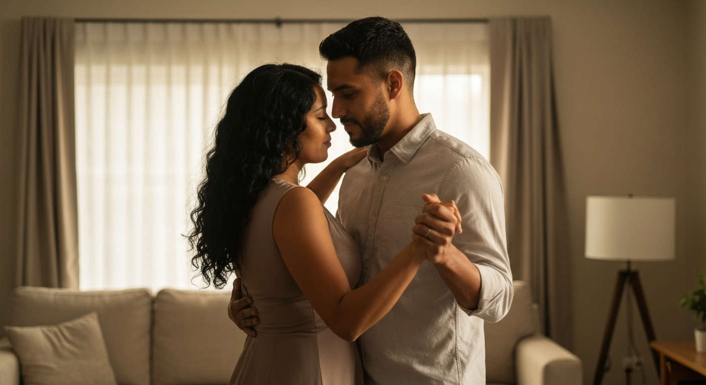 Pareja distante en sala — la indiferencia que duele
