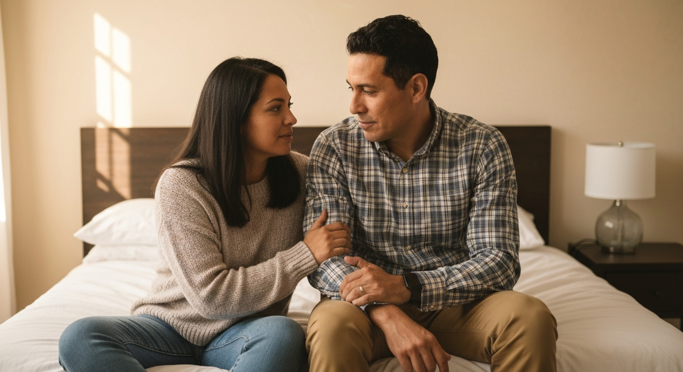 Pareja distante en sala — la indiferencia que duele