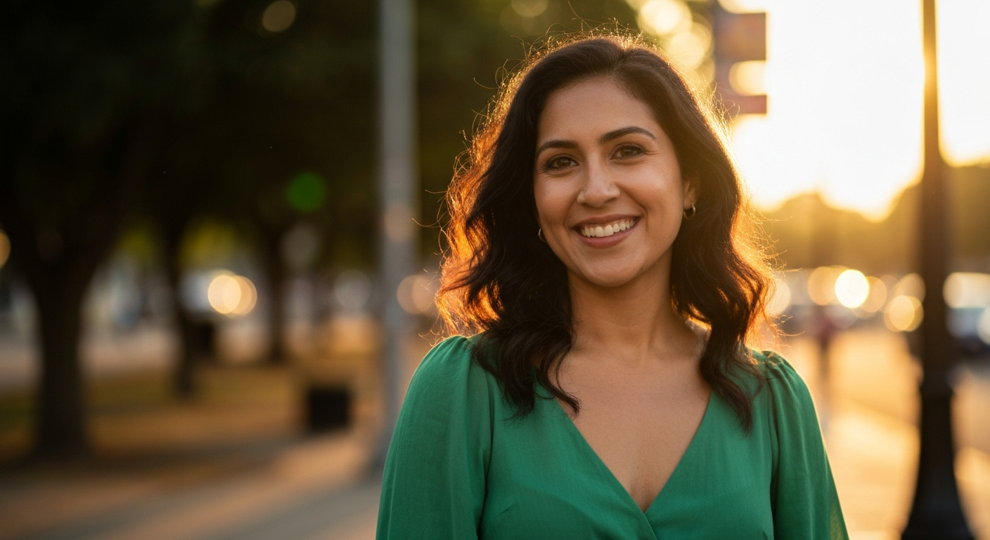Mujer hispana confiada al atardecer