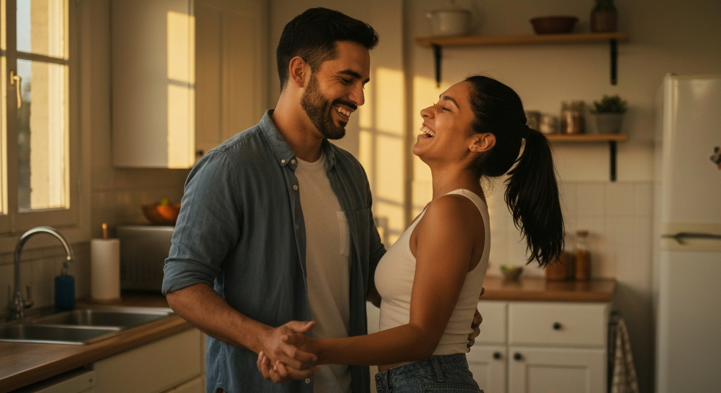 Pareja bailando en cocina al atardecer