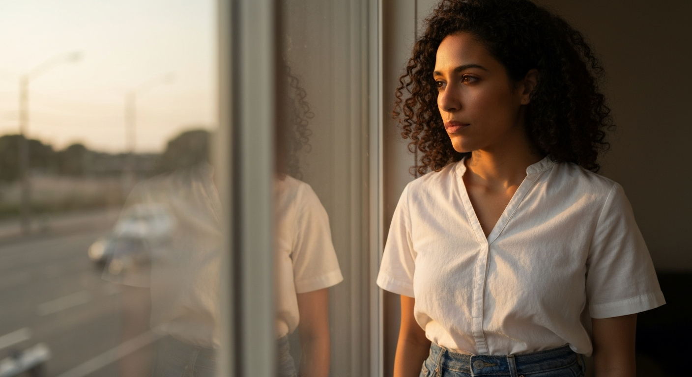 Mujer hispana mirando por ventana al amanecer